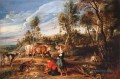 サー・ピーター・パウル・ルーベンス 風景の中の牛と牛乳を注ぐ女たち ラーケンの農場